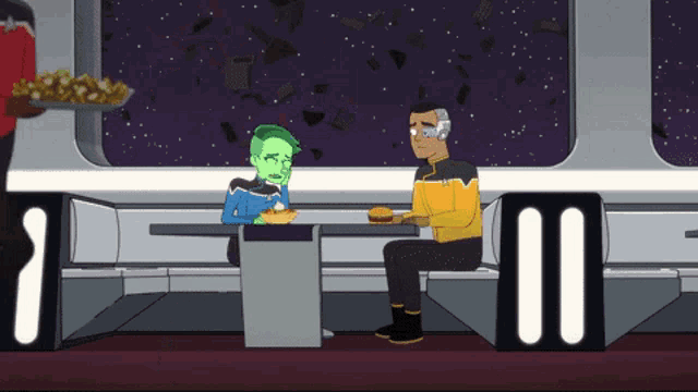a cartoon of two people sitting at a table with a tray of food in the background