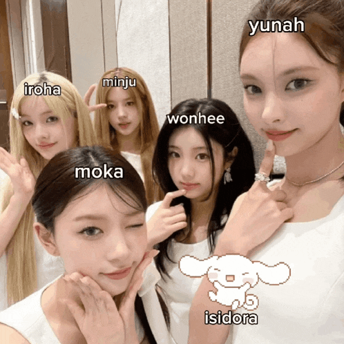 a group of girls are posing for a picture with their names including iroha minju wonhee and moka