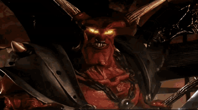 a painting of a man with horns holding a sword in a dark room