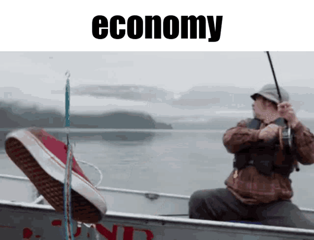 a man is fishing in a boat with the word economy below him