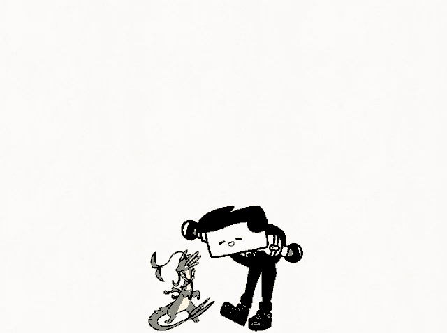 a cartoon of a man holding a microphone next to a small green dragon .