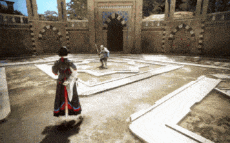 a video game scene with a woman holding a sword and a man holding a sword and shield