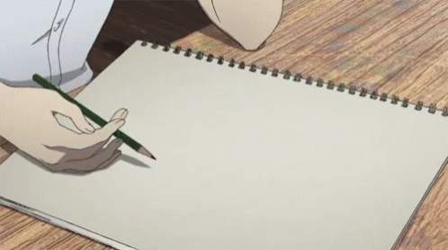 Personagem de anime com o caderno aberto batendo o lápis na página em branco.