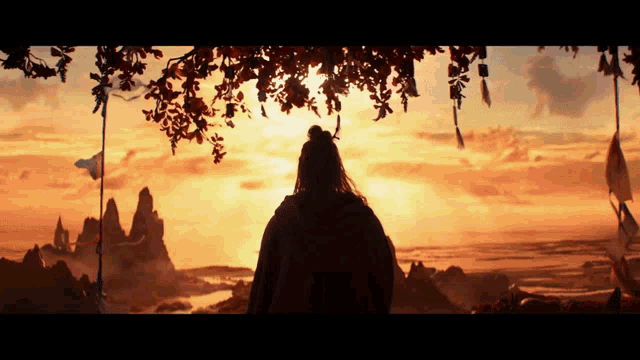 a person is standing in front of a sunset with a tree in the foreground