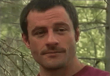 a man with a mustache is looking at the camera .