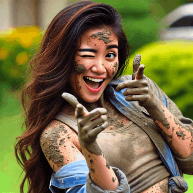 a woman with mud on her face and hands is smiling and giving a thumbs up
