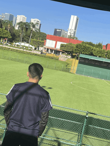 a man stands on a fence looking at a soccer field