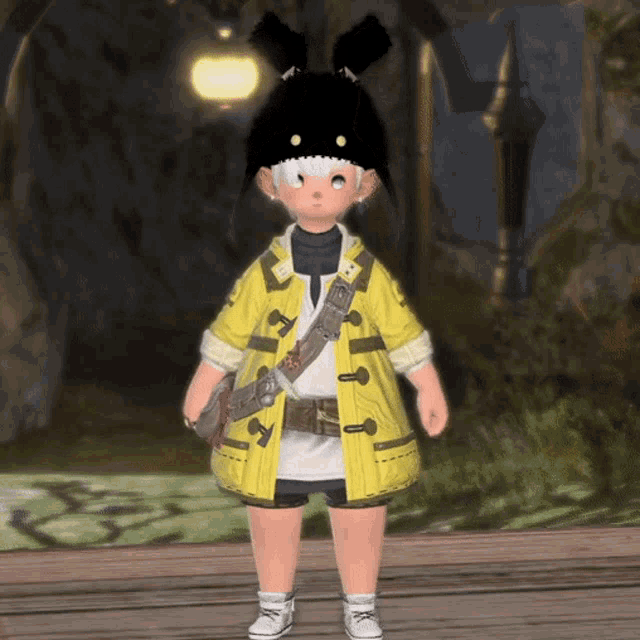 a little girl wearing a yellow coat and a black hat