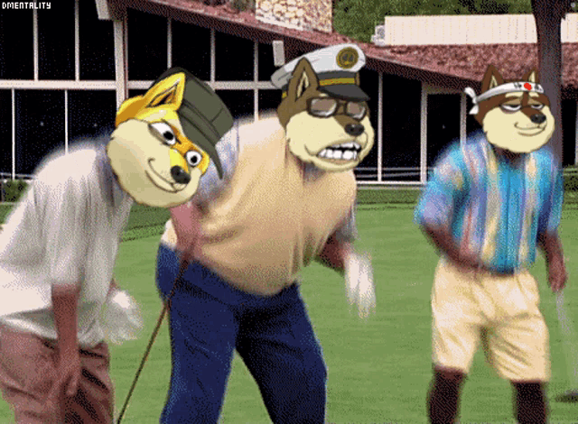 a cartoon of three men playing golf with a watermark that says digitality