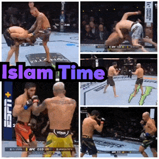 a collage of images of a boxing match with the words islam time at the top