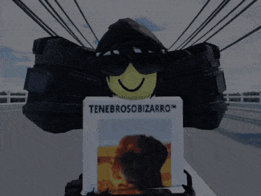 a robot holding a sign that says tenebrosobizarro on it