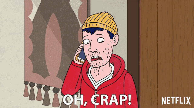 a cartoon of a man talking on a cell phone with the words oh crap on the bottom