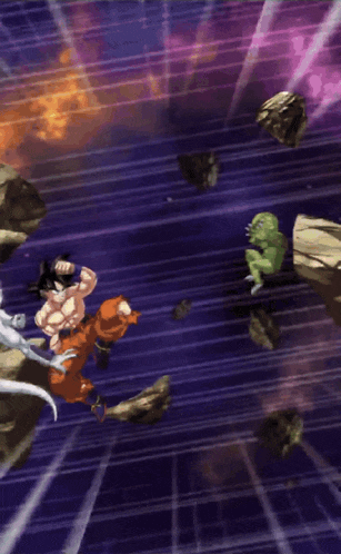 a cartoon of goku and frieza fighting with a purple background