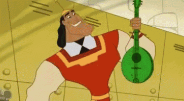 a cartoon character is holding a green guitar in his hand .