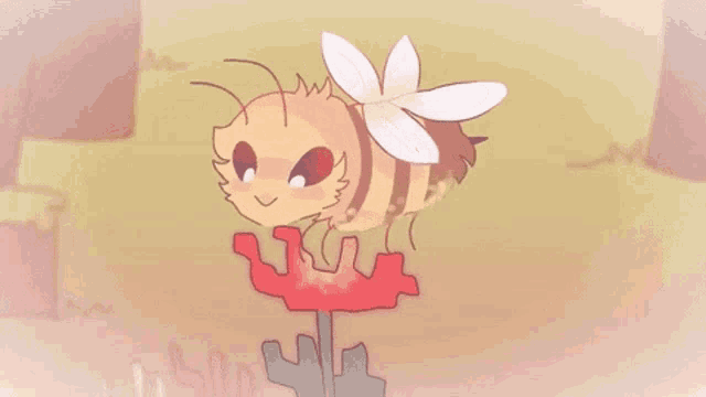 a bee is sitting on top of a flower with a flower in its mouth .