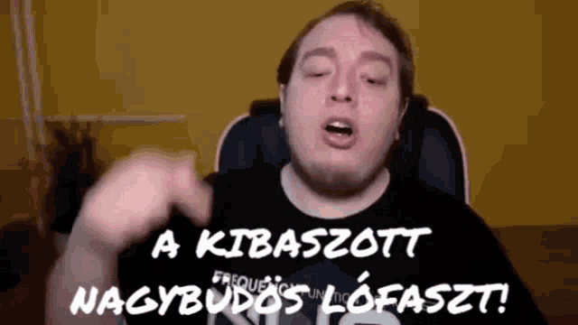 a man is sitting in a chair and making a funny face with the words a kibaszott nagybudos lofasz !