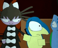 three cartoon characters are standing next to each other with one wearing a black dress with white bows on it