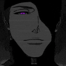 a close up of a person 's face with purple eyes and a hat .