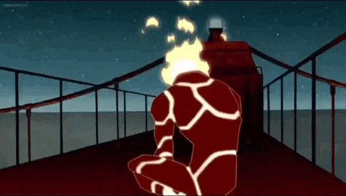 a cartoon character with a fireball coming out of his head is standing on a balcony .