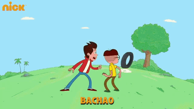 a cartoon scene with a tire and the word bachao in orange