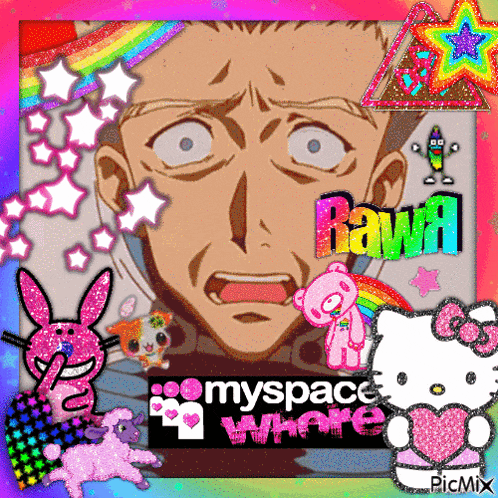 a picture of a man with a hello kitty and a rainbow behind him with the words myspace where