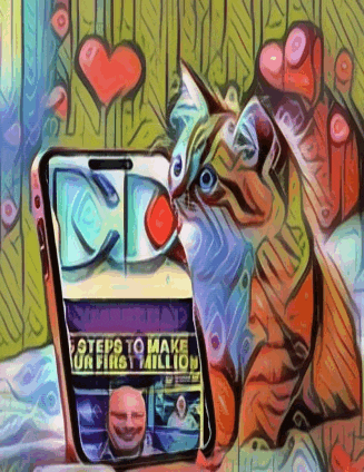 a painting of a cat holding a cell phone that says steps to make ur first million