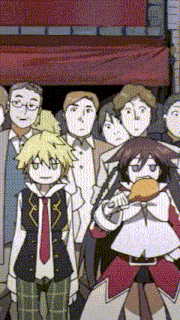 a group of anime characters are posing for a picture in front of a red banner .