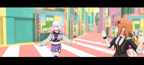 two anime girls are standing next to each other in a colorful room