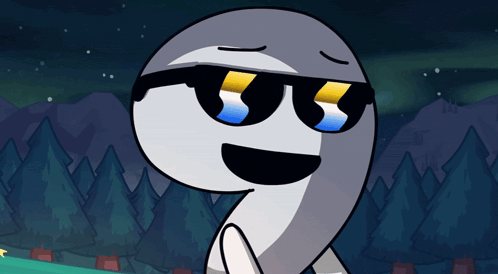 a cartoon character wearing sunglasses and a smile