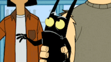 a cartoon of a man holding a black cat with yellow eyes