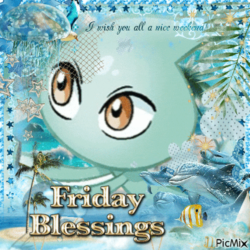 a friday blessings greeting card with a cartoon character
