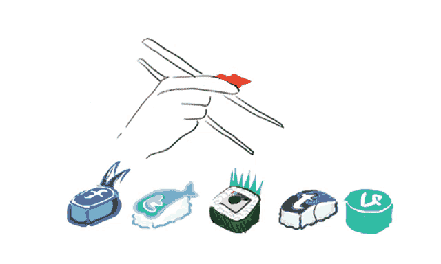 a drawing of a hand holding chopsticks next to a row of sushi