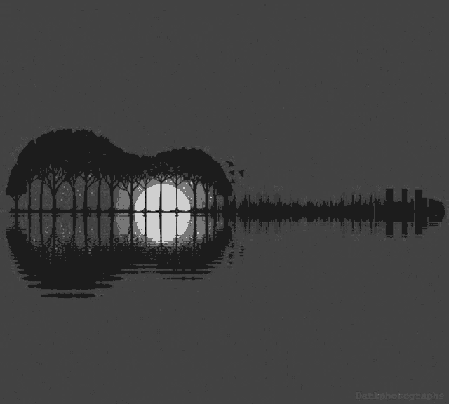 a black and white drawing of a guitar with trees in the shape of it