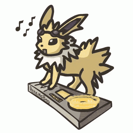 a drawing of an eevee standing on top of a turntable with the word peaking boo on it