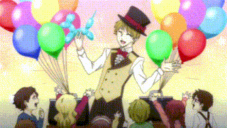 a man in a top hat is holding a balloon in front of a crowd of people .