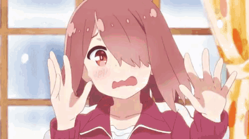 a cartoon girl with pink hair and red eyes is making a funny face