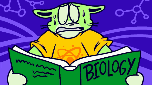 a cartoon of a cat reading a book called biology