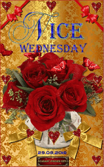 a nice wednesday greeting card with red roses and hearts