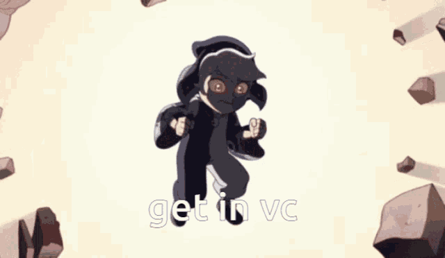 a cartoon character is surrounded by rocks and the words get in vc are on the bottom