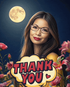 a woman wearing glasses stands in front of a thank you speech bubble
