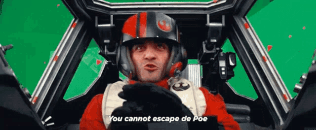 a man in a helmet says " you cannot escape de poe " on a green screen