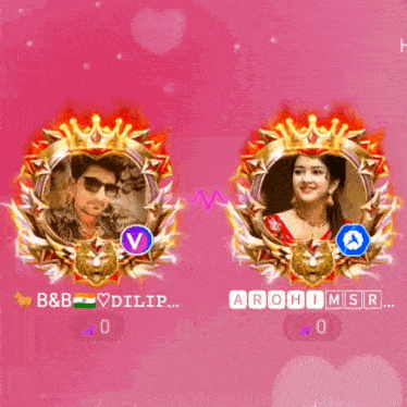 a man and a woman are standing next to each other on a pink background .