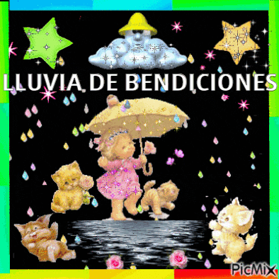 a picture of a girl holding an umbrella with the words " lluvia de bendiciones " on it