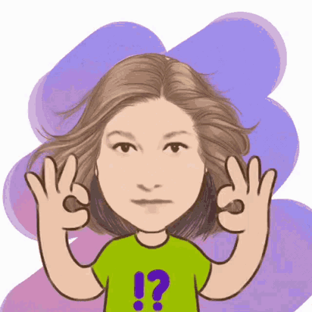 a woman in a green shirt with a question mark on it giving an ok sign