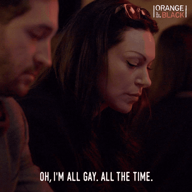 a woman says oh i 'm all gay all the time while sitting next to a man
