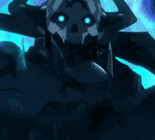 a monster with horns and blue eyes is standing in the water .