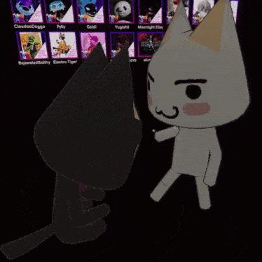 a black cat and a white cat are standing next to each other in front of a screen that says cloudboodoggo on it