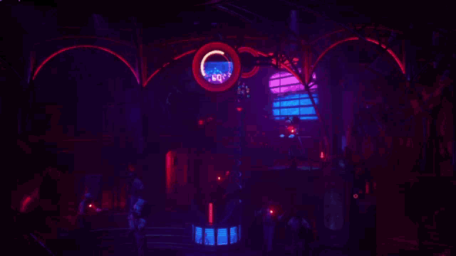 a purple and red room with a circle in the middle