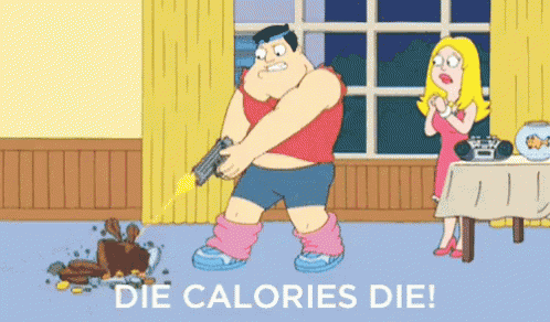 a cartoon of a man holding a gun with the words die calories die on the bottom