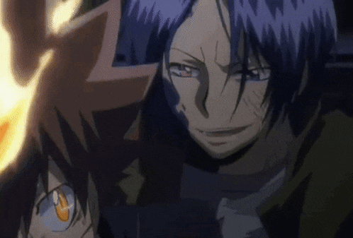a couple of anime characters are standing next to each other and looking at each other .